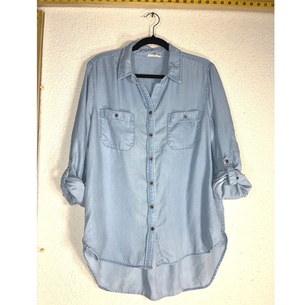 Jane and Delaney Light Blue Chambray Shirt - L - Roll Tab High Low Boho Casual